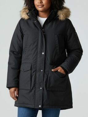 Canadiana Black Parka Coat with Removable Faux Fur Hood